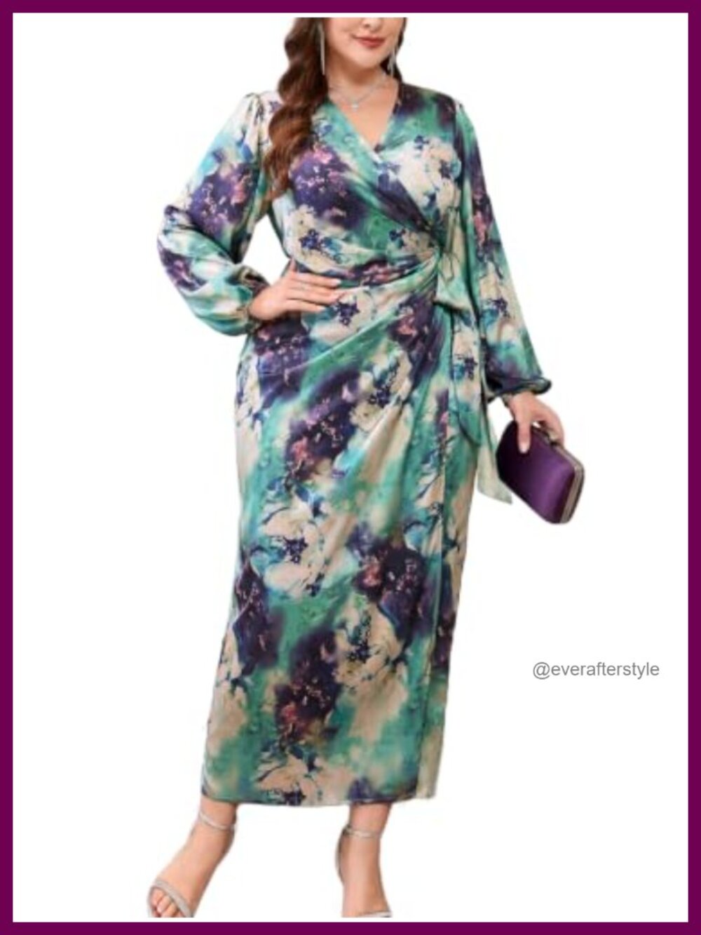 Satin Wrap Dress Plus Size Ruched Tie Waist V Neck Long Sleeve Midi Cocktail